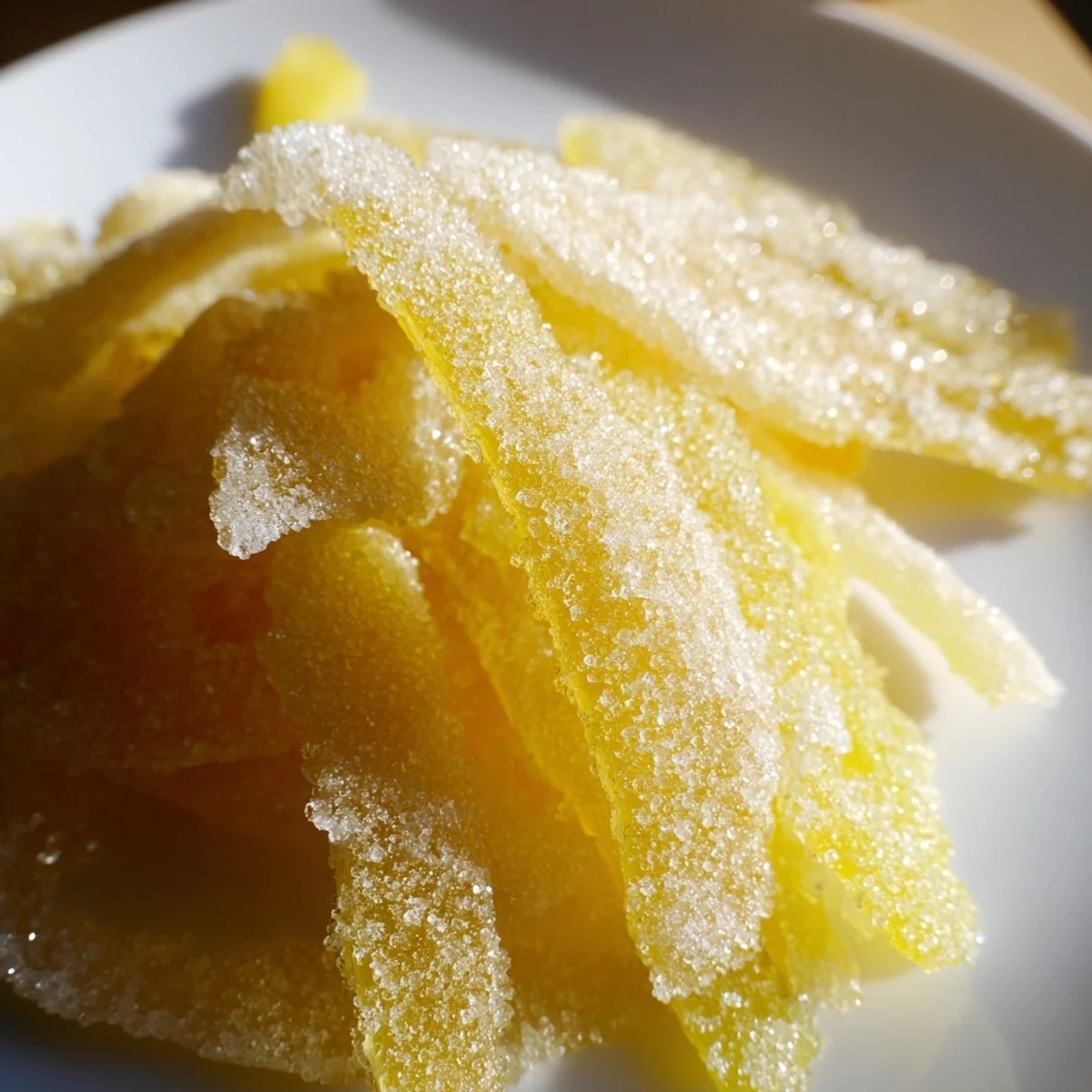 Citrons confits en morceaux brillants et sucrés, posés sur une grille à refroidir près d'un bol de sucre.