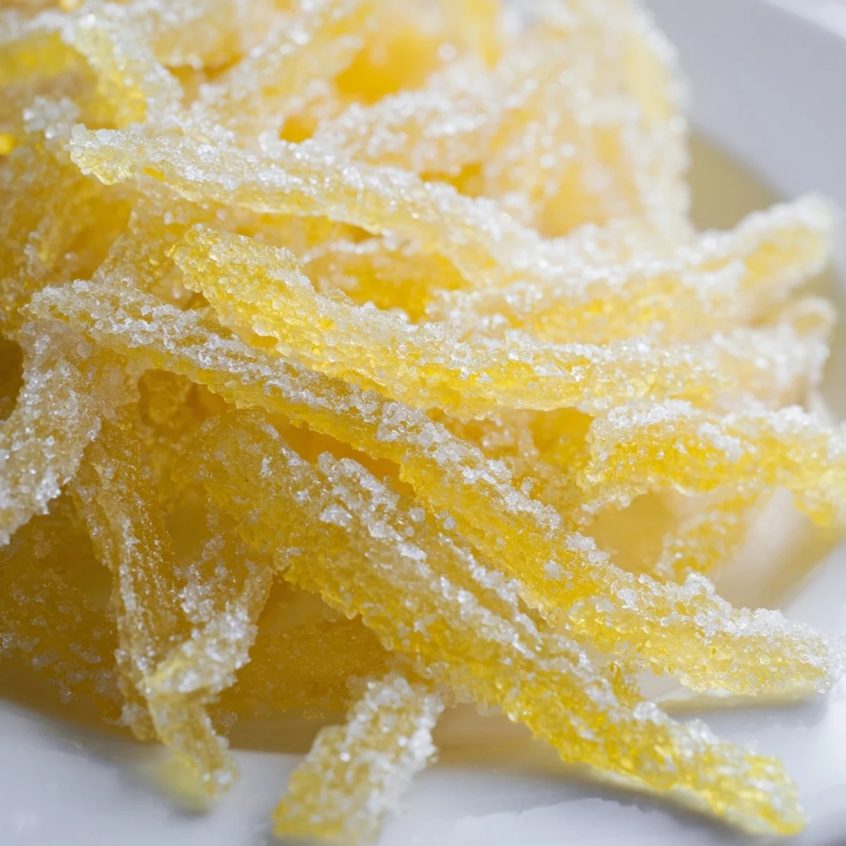 Des bandes de zeste de citon candi au bord de sucre croustillant, prêtes à décorer un dessert.