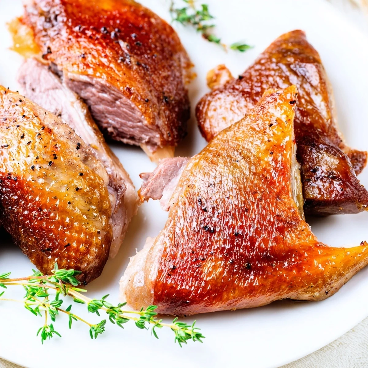 Oie rôtie fumante présentée entière sur un plat, garnie d'herbes et d'agrumes pour un repas de fête.