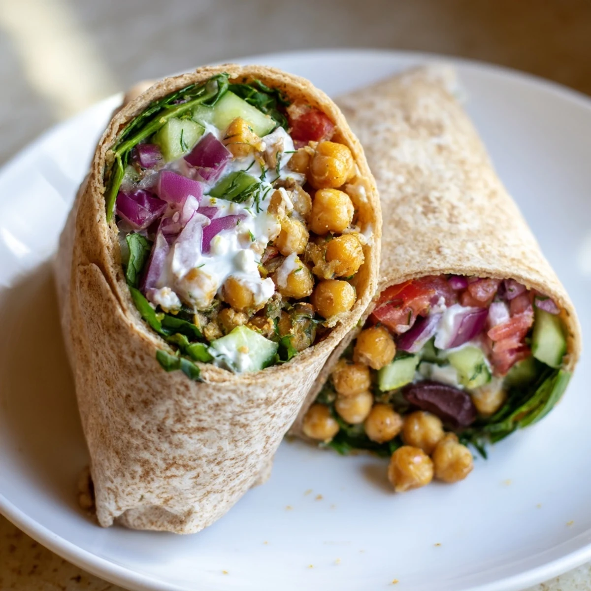 Mediterranean Chickpea Wrap filled with spiced chickpeas, cucumbers, tomatoes, and creamy yogurt sauce on a whole wheat tortilla.