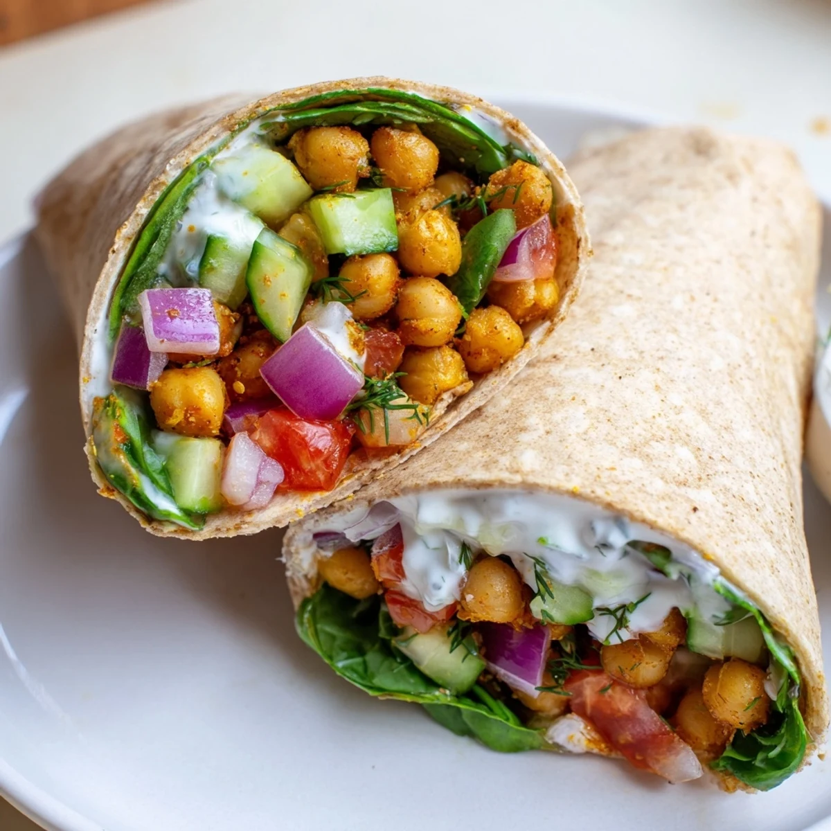 Golden Mediterranean Chickpea Wrap sliced in half, revealing layers of spinach, red onion, olives, and tangy dill yogurt.