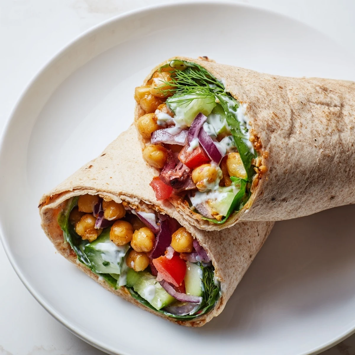Freshly rolled Mediterranean Chickpea Wrap served with lemon wedges on a rustic wooden board, ready for a quick lunch.