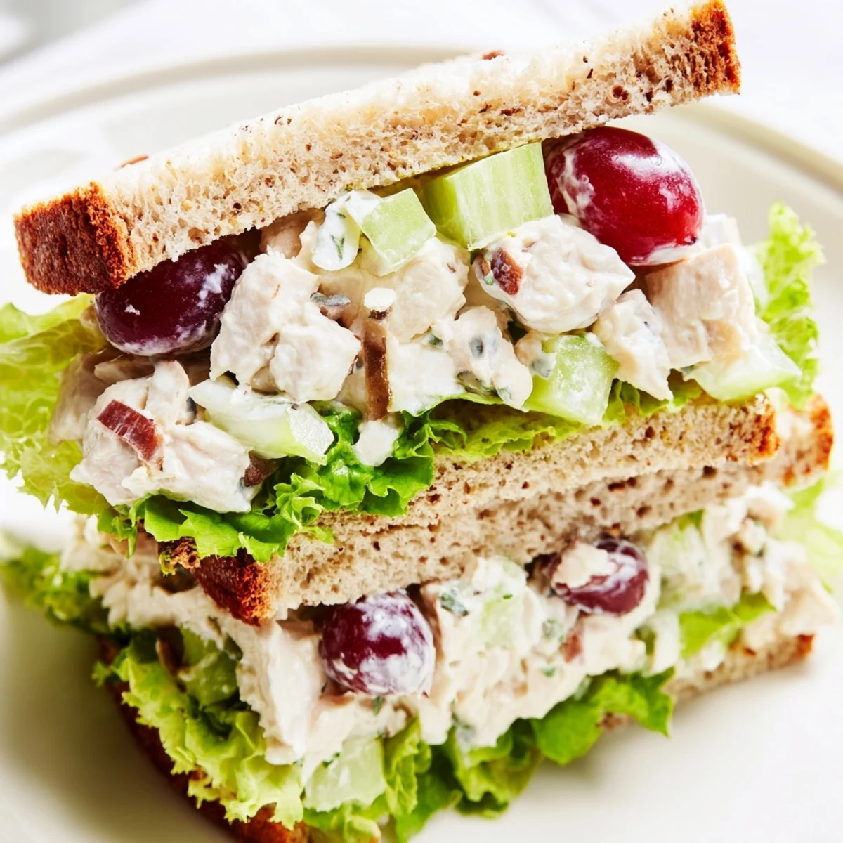 Sandwich au poulet et raisins avec du pain de blé entier et de la laitue, parfait pour un déjeuner rapide ou un pique-nique.
