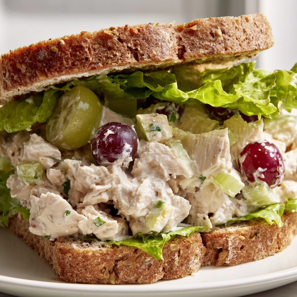 Sandwich au poulet et raisins coupé en deux, révélant une garniture à la mayonnaise et au yaourt avec du persil frais.