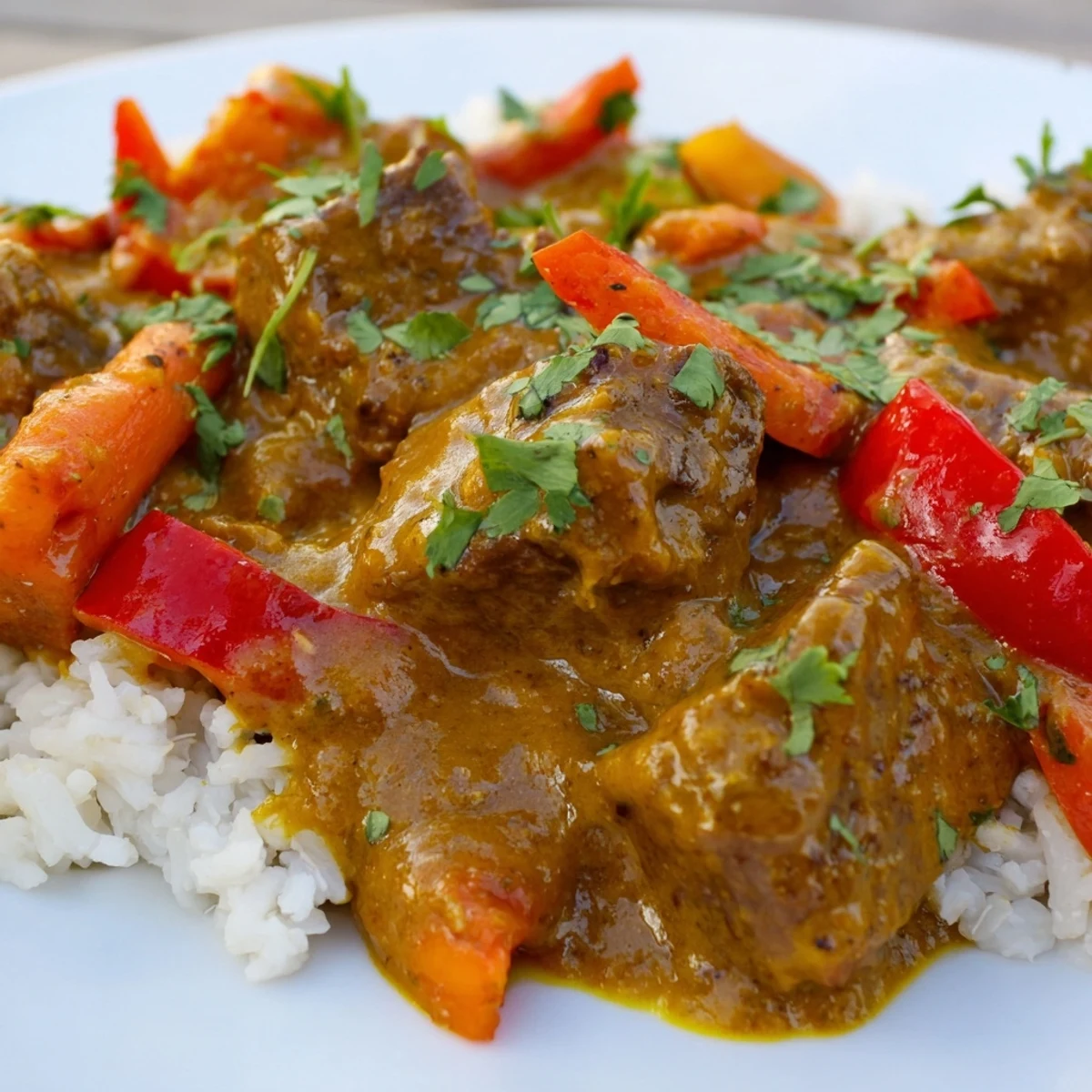 Un curry de bœuf lent au lait de coco, mijoté et crémeux, servi avec du riz basmati