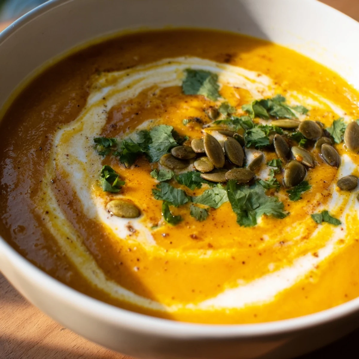 Une soupe veloutée de courge butternut rôtie au gingembre, servie chaude dans un bol avec graines de citrouille.