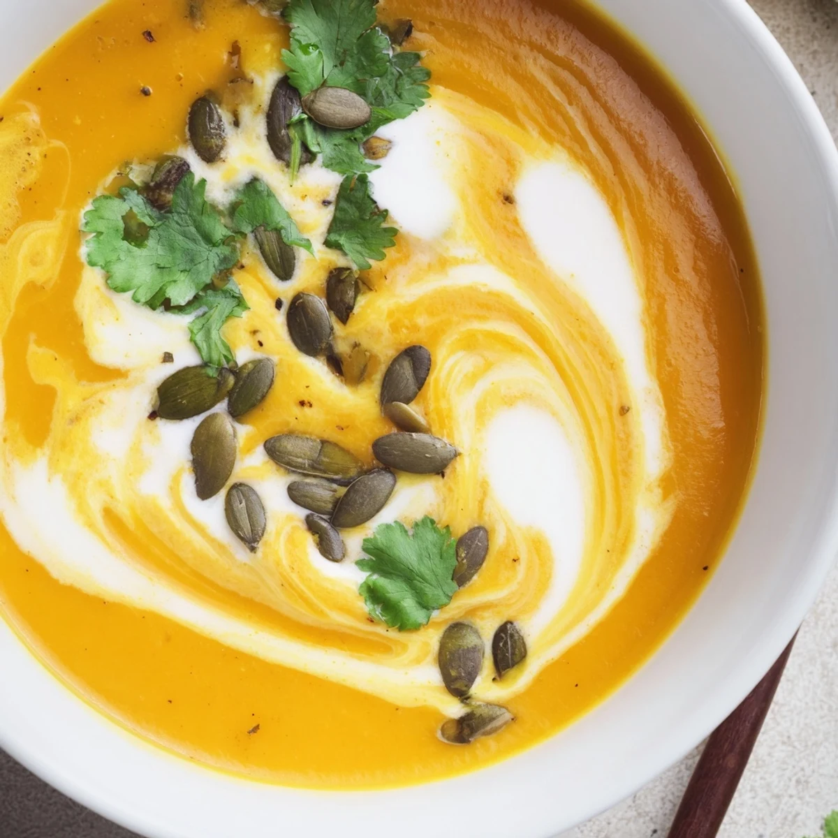 Freshly roasted butternut squash soup with ginger served warm in a rustic bowl, topped with pumpkin seeds.