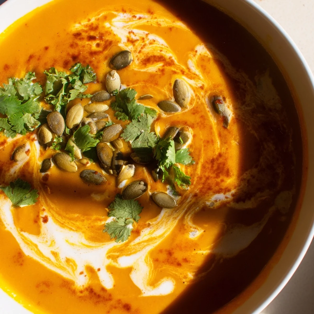 Creamy roasted butternut squash soup with ginger garnished with cilantro, coconut milk swirl, and crusty bread slice.