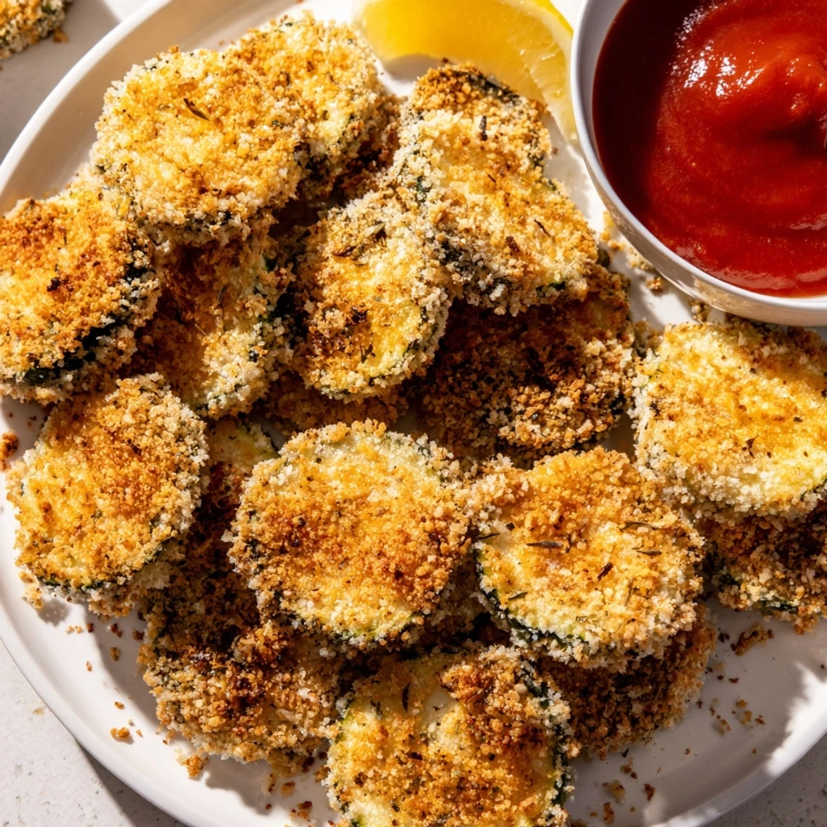 Freshly made Crispy Air Fryer Zucchini Chips served with a creamy dip.