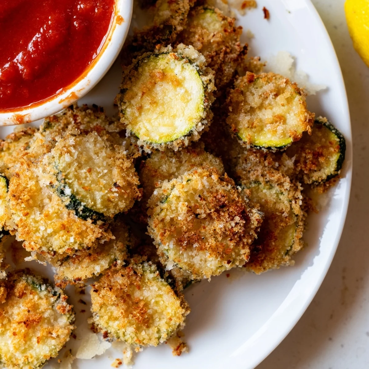 Close-up view of Crispy Air Fryer Zucchini Chips highlighting their crunchy texture.