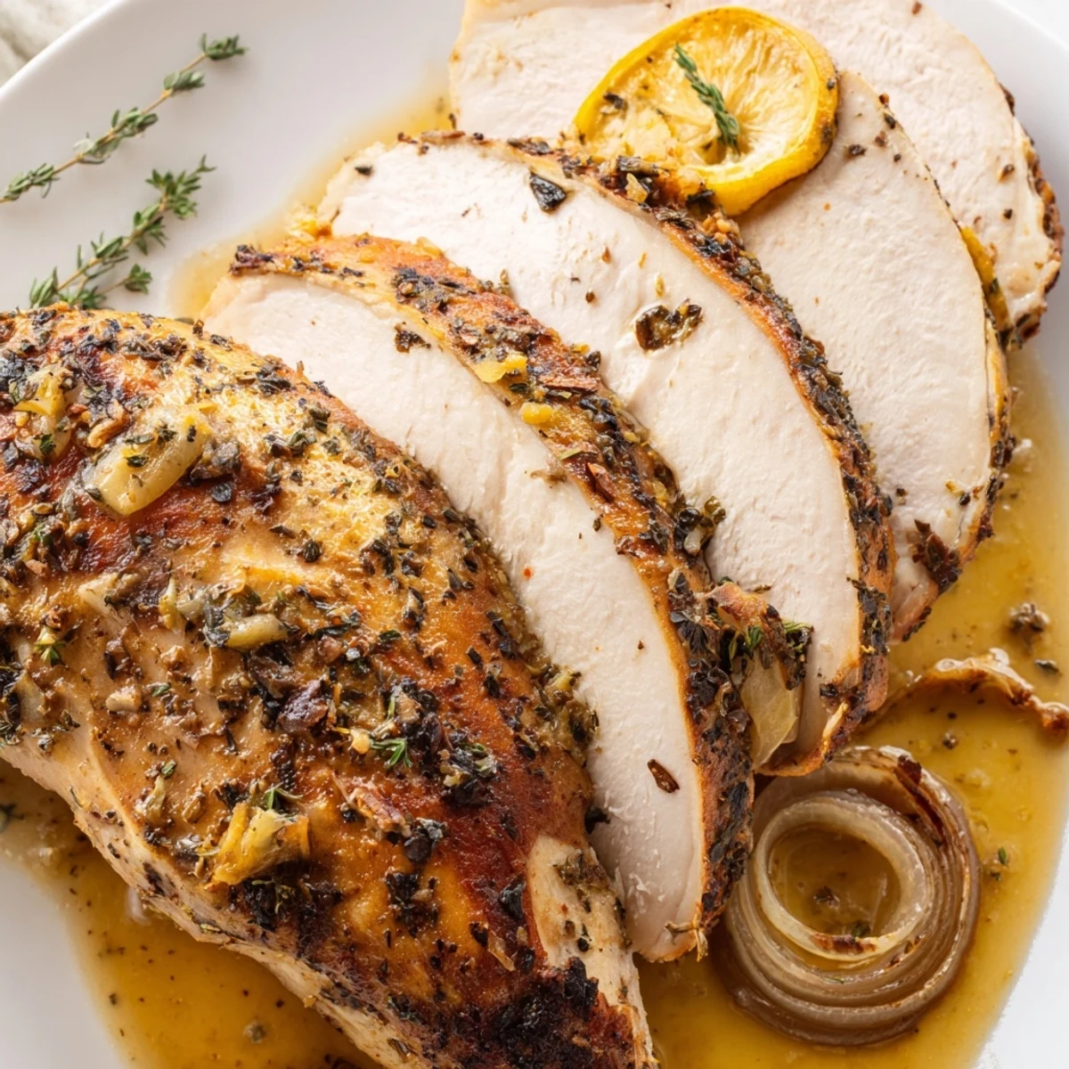 Coup de cœur pour cette image ! C'est vraiment très réussi. Le rôti est parfaitement doré, les herbes fraîches apportent une touche de fraîcheur et le citron donne envie de tout de suite. On voit bien les sucs qui nappent la viande, ça fait vraiment appétissant. Le couteau de chef à côté, c'est un détail mais ça ajoute beaucoup à l'ambiance de cuisine professionnelle. Superbe mise en scène qui honore la recette et donne des idées pour un repas de famille réussi.Une très belle photo qui met en valeur la qualité des ingrédients. La texture de la peau du dinde est irréprochable, bien croustillante, et le plat de cuisson en inox renforce le côté professionnel de la réalisation. J'apprécie la façon dont la lumière joue sur les zestes de citron et les brins de thym. C'est une image qui parle aux papilles et qui inspire confiance dans la recette. Parfait pour un blogueur culinaire qui veut montrer le résultat final avec authenticL'ambiance lumineuse et chaleureuse de cette photo met en valeur la succulence du plat. La dinde rôtie, dorée à perfection, semble incroyablement tendre. Les fines tranches de citron et les herbes vertes disposées autour créent un contraste visuel très appétissant. On a presque envie de sentir les parfums qui doivent emplir la cuisine ! C'est une photo qui donne immédiatement envie de se lancer dans la préparation, avec une esthétique soignée sans être trop guindée. Un très beau travail.