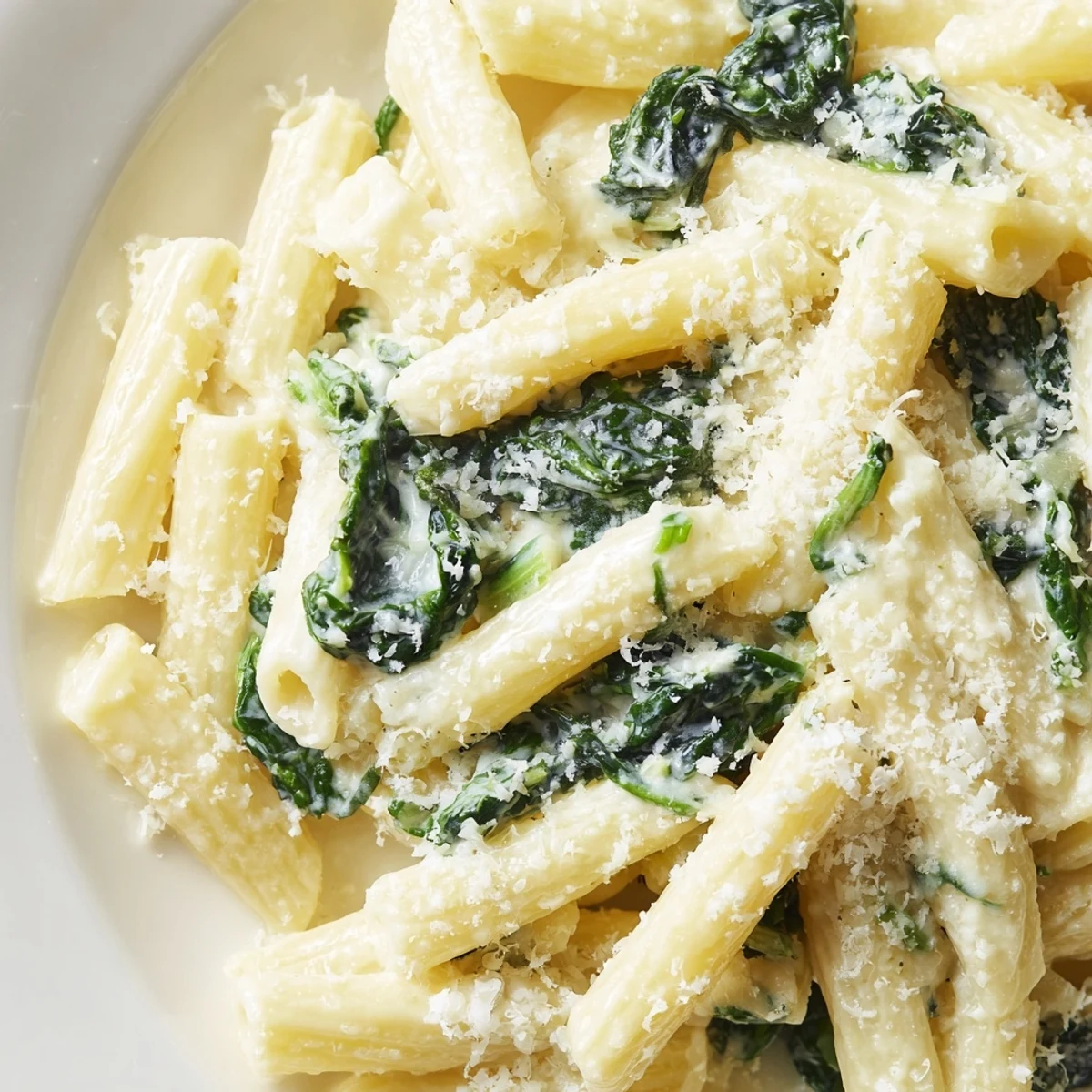 Creamy Spinach Pasta with Garlic coated in a rich cream sauce, ready to serve in a white bowl