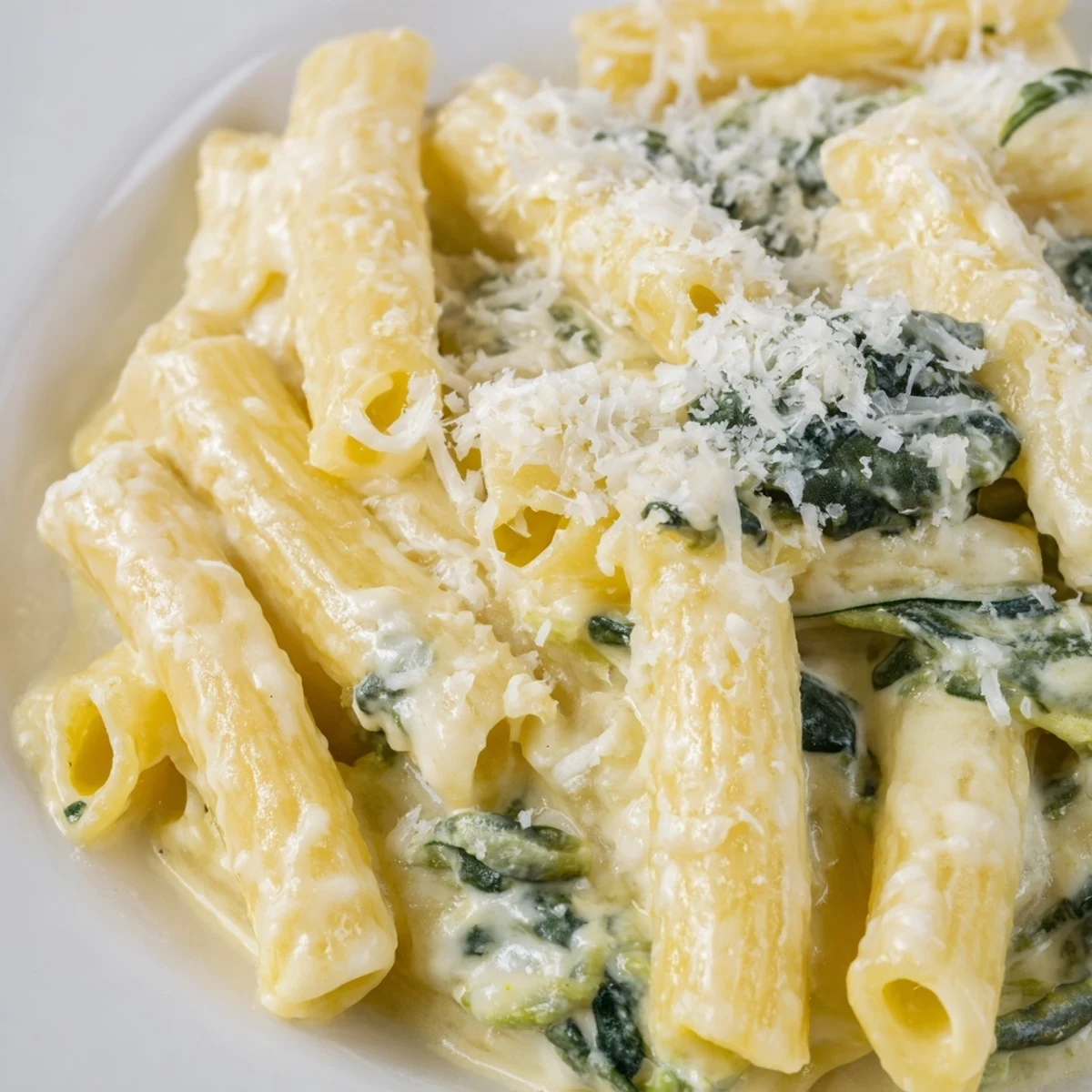 Steaming Creamy Spinach Pasta with Garlic topped with fresh Parmesan, ideal for a cozy vegetarian dinner