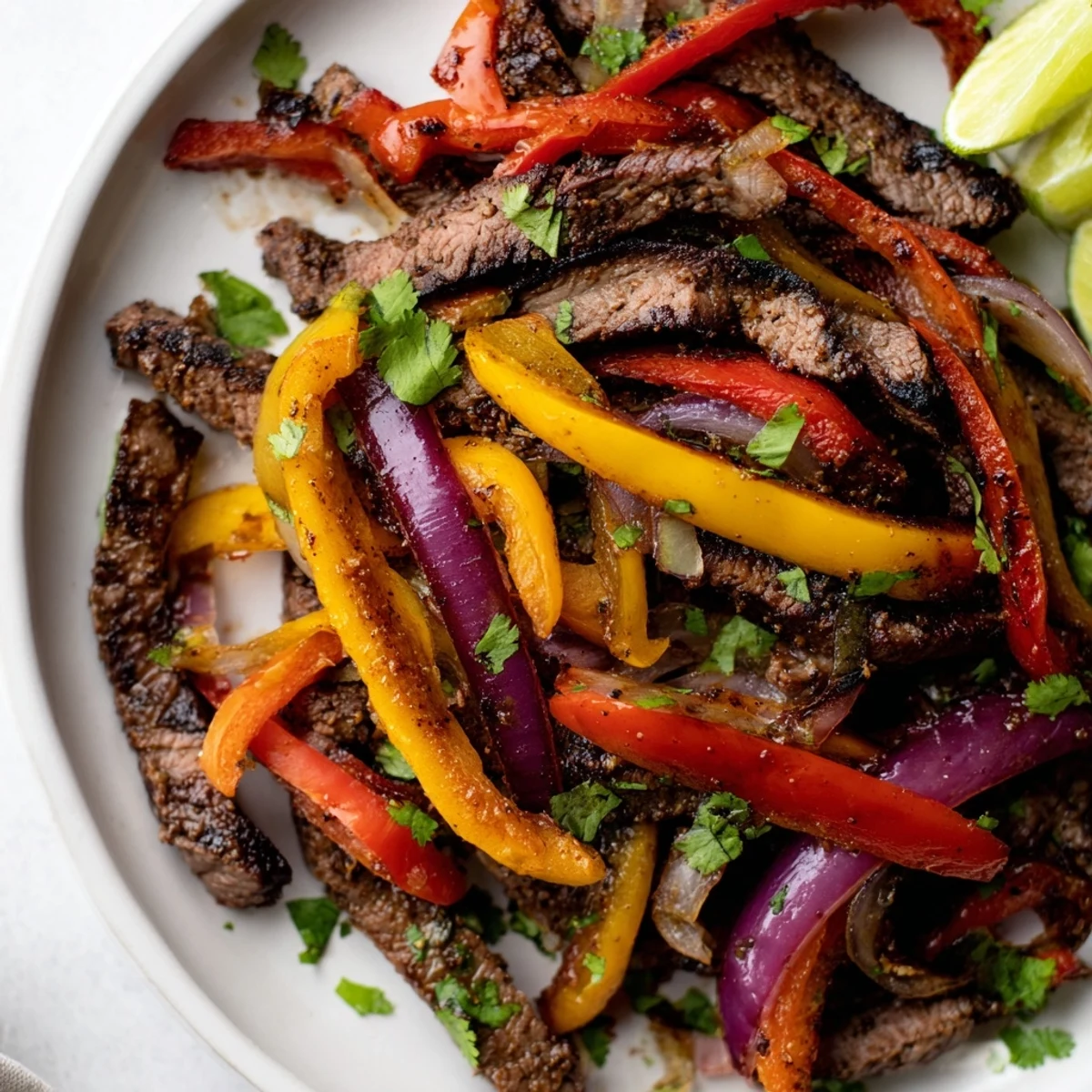 Sizzling Beef Fajitas with Peppers and Onions in a cast-iron skillet, garnished with lime wedges and fresh cilantro.