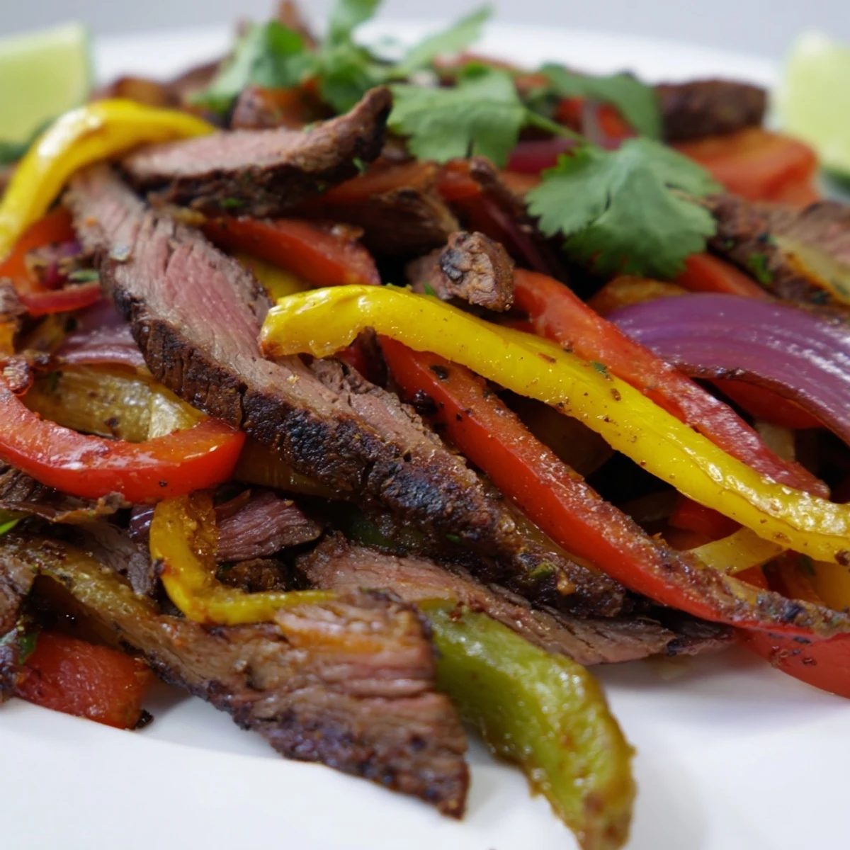Tender marinated steak strips and colorful sautéed bell peppers with onions for classic Tex-Mex Beef Fajitas on a plate.