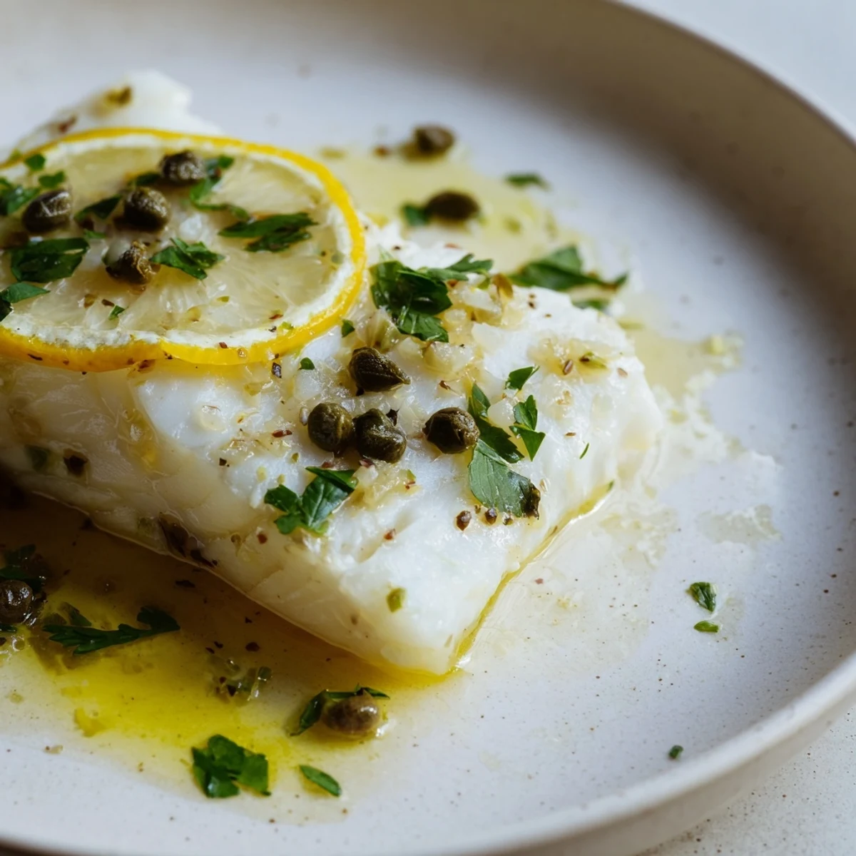 Flaky baked cod with lemon and capers served on a white plate over a linen napkin.