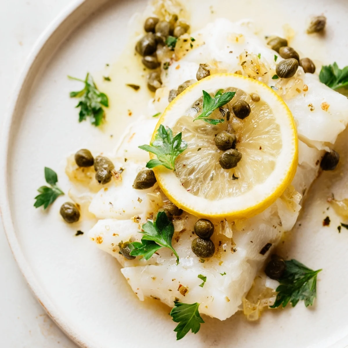 Golden baked cod with lemon and capers garnished with parsley beside roasted potatoes.