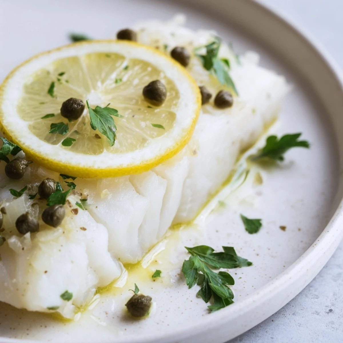 Freshly baked cod with lemon and capers topped with lemon slices and parsley.