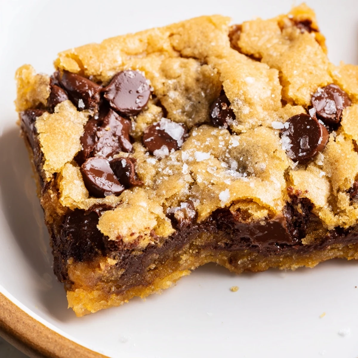 Des bars au chocolat cuites dorées sur papier sulfurisé, avec des copeaux qui fondent.