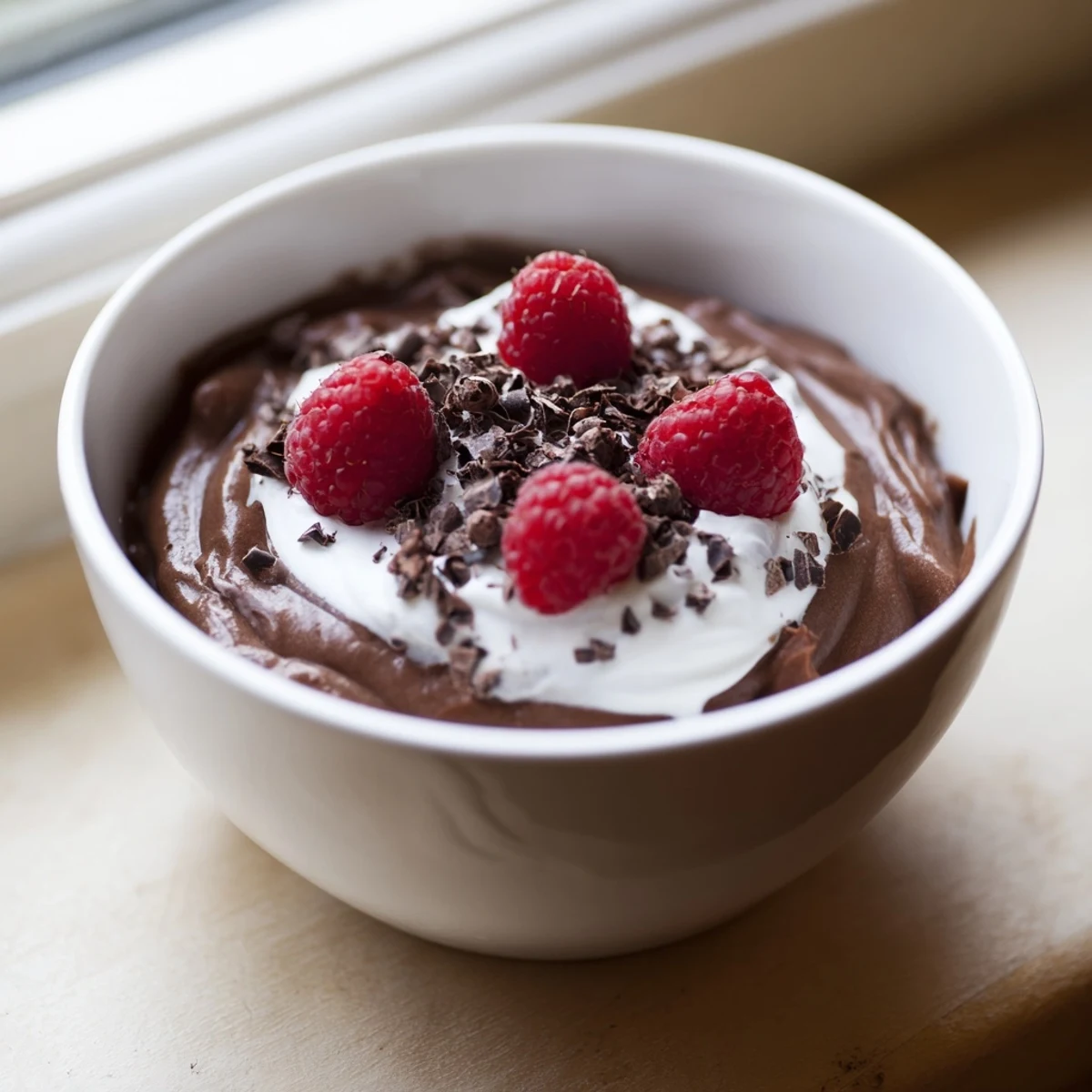 Creamy Chocolate Lunch Dessert mousse served in clear glasses with a dusting of cocoa powder.