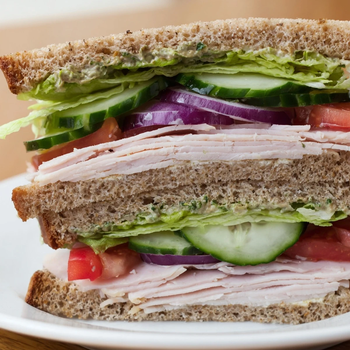 Sandwich au dinde : Délicieux sandwich pour le déjeuner avec de la laitue croquante, des rondelles de concombre et une pointe de moutarde, parfait pour un pique-nique.