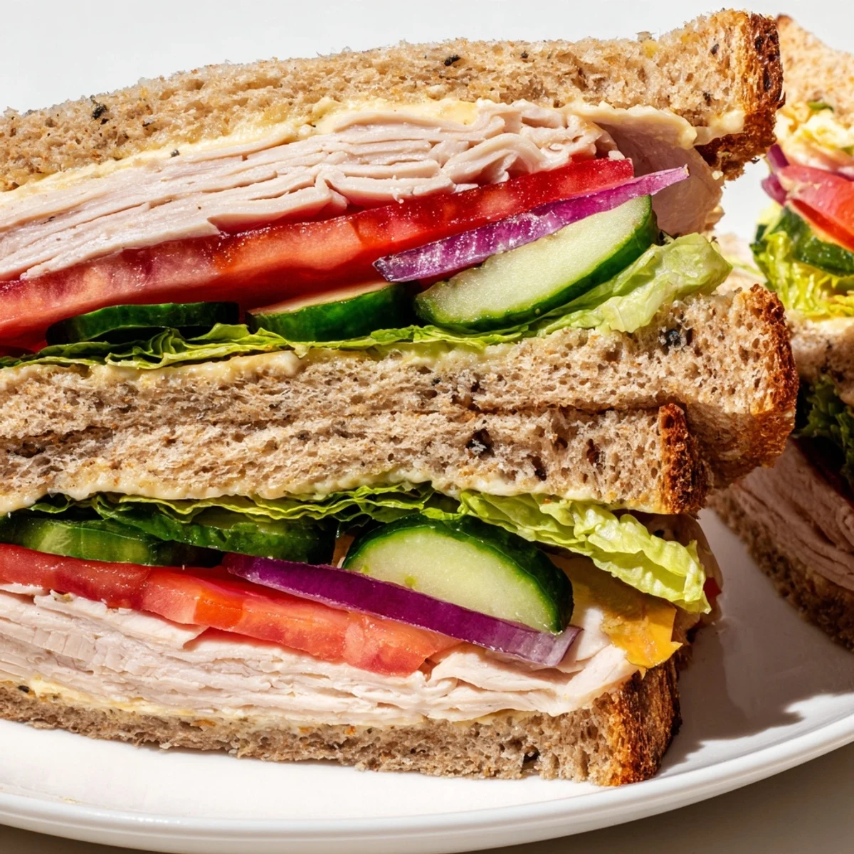Sandwich au dinde : Pain grillé garni de dinde tendre, de mayonnaise crémeuse et de crudités croquantes, servi avec des tranches de tomates juteuses.