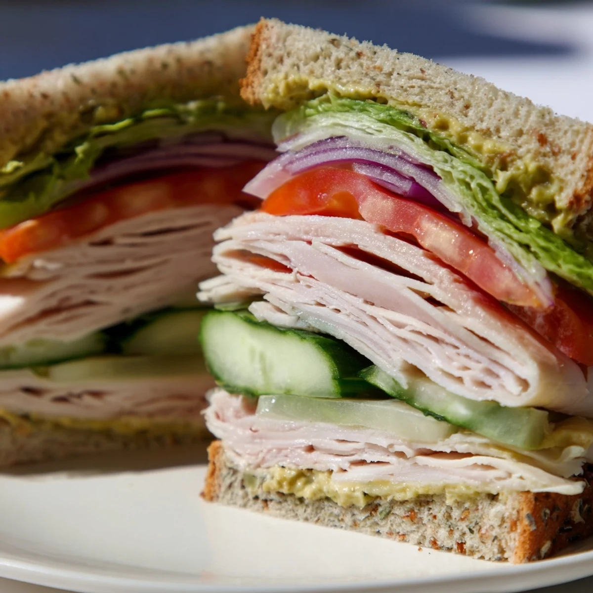 Sandwich au dinde : Sandwich américain classique coupé en deux, montrant de la dinde savoureuse et des légumes frais sur du pain de blé entier.