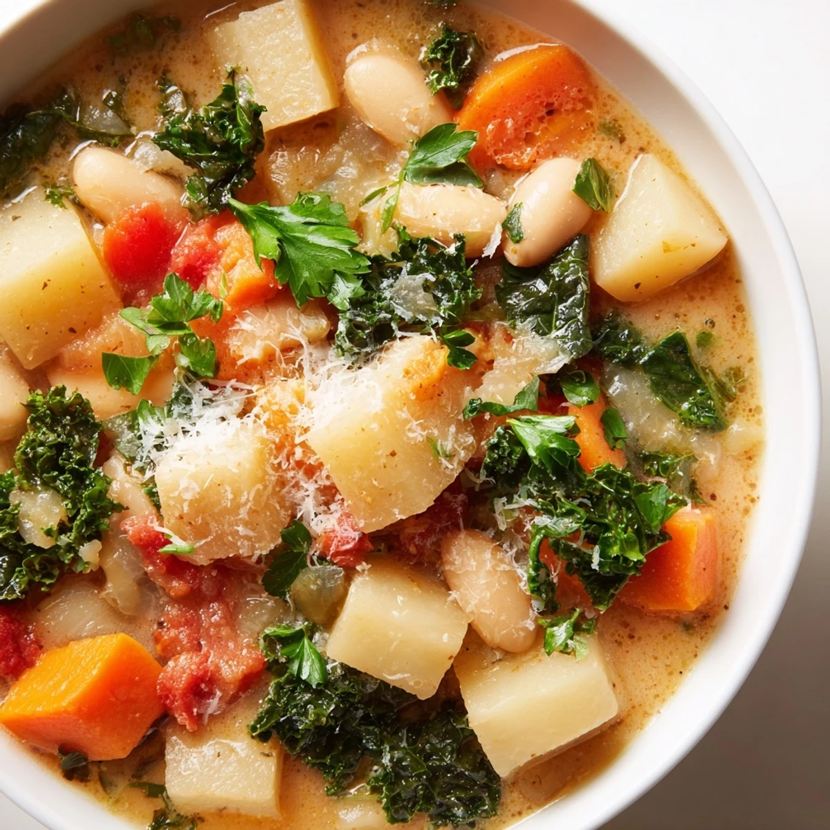 Bol fumant de Winter Lunch Soup aux légumes racines et kale, garni de persil frais sur un fond rustique