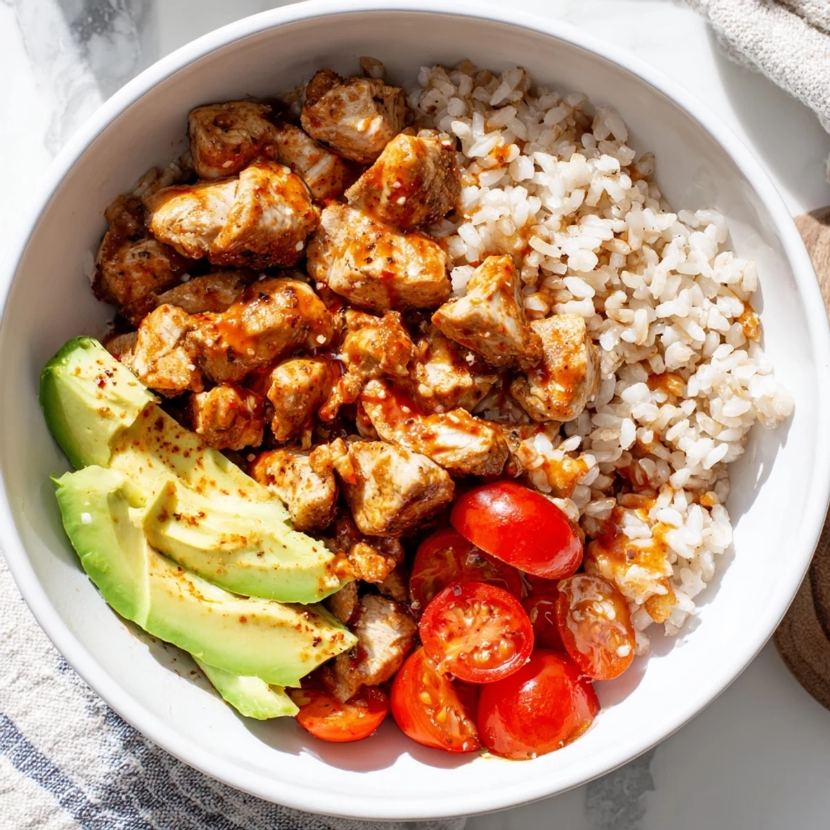 Un bol épicé et savoureux rempli de légumes colorés, de poulet tendre et de sauce piquante.