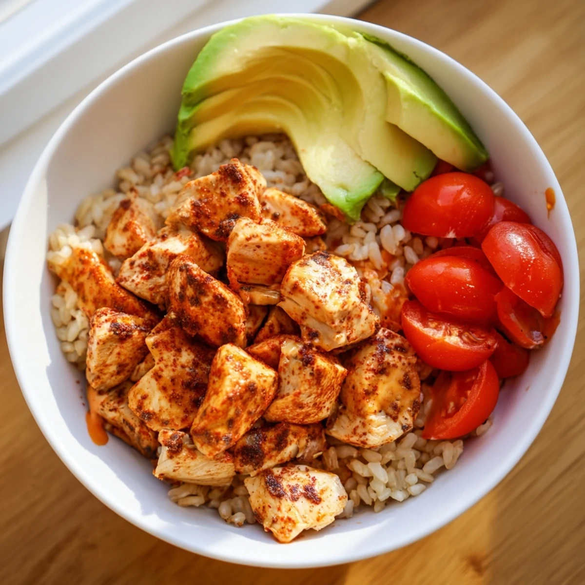 Assiette vibrant de Spicy Lunch Bowl garnie d'épinards, tomates cerises et filet de sauce sriracha.