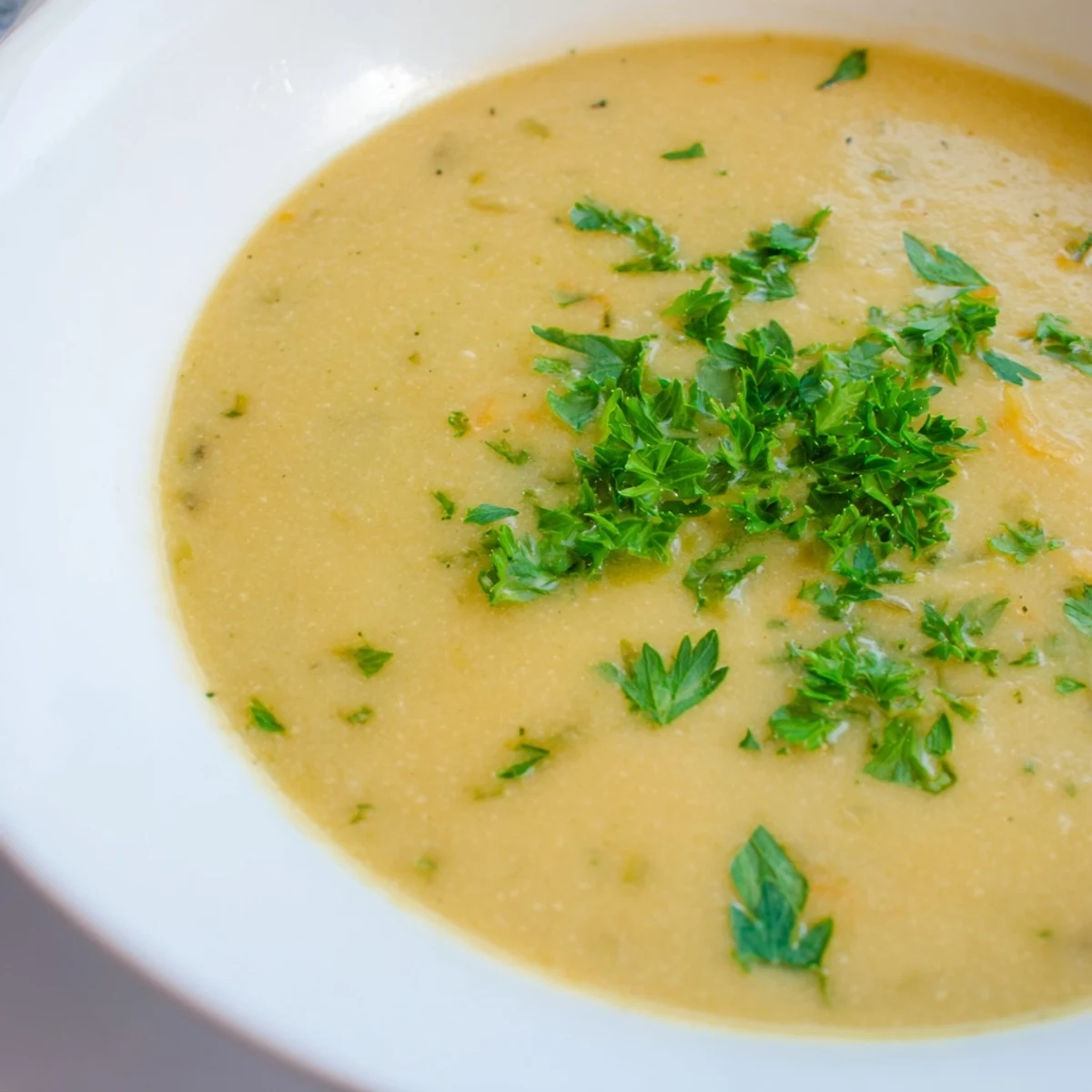 Bol fumant de Creamy Lunch Soup, garni de persil frais, près d'une tranche de pain grillé.