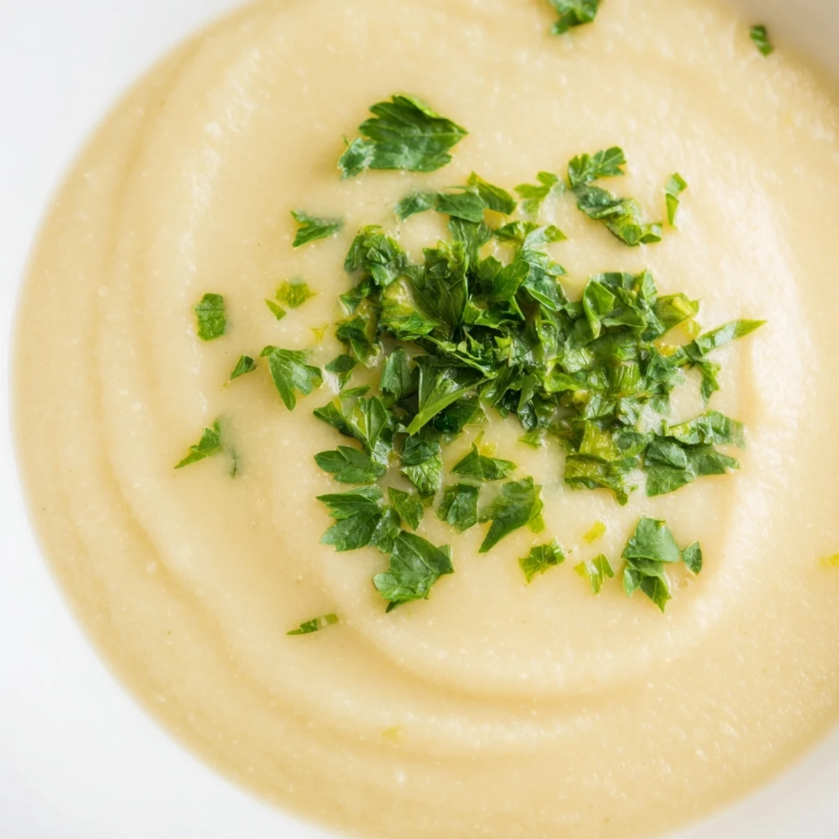 Vue aérienne de la veloutée Creamy Lunch Soup, avec crème et herbes, pour un déjeuner réconfortant.