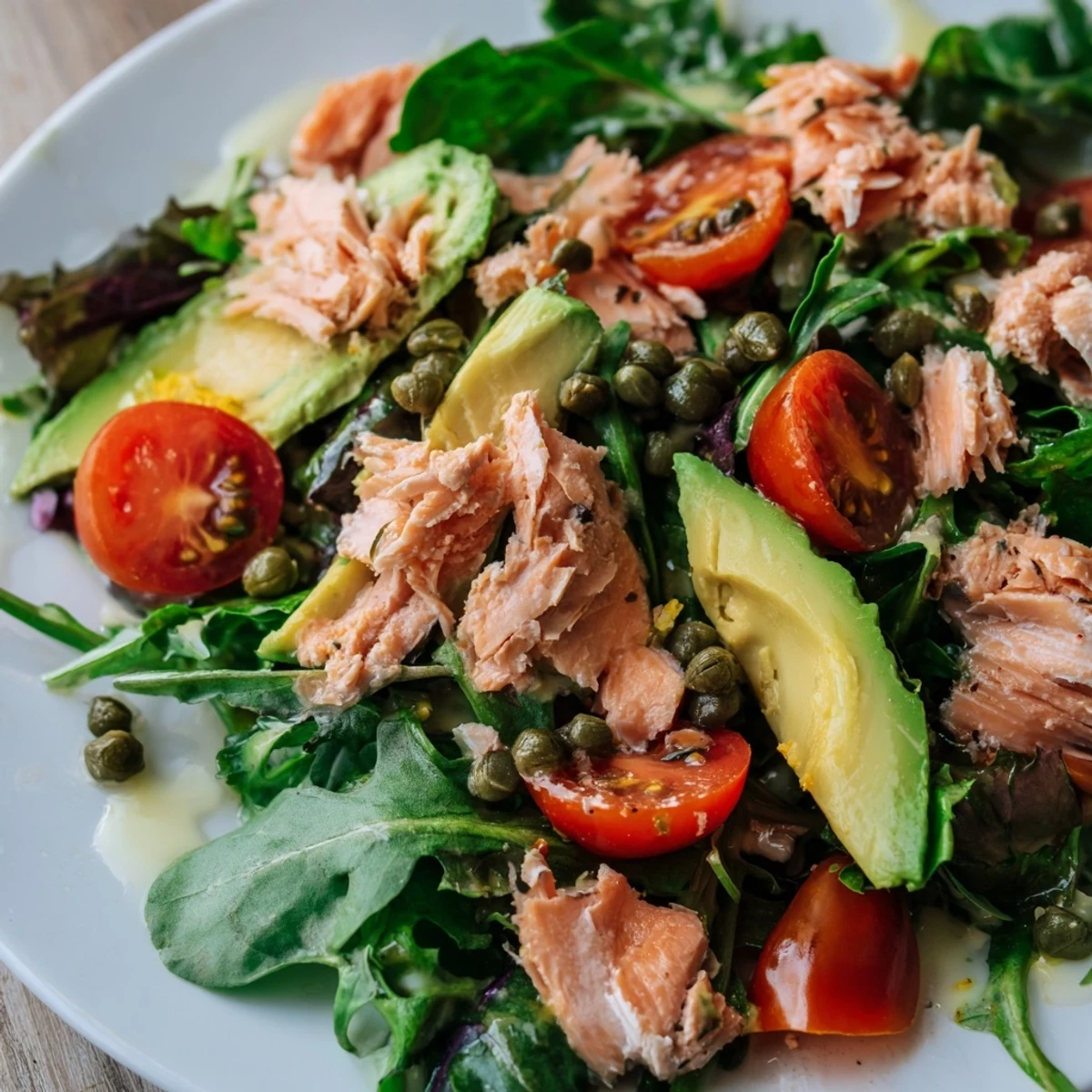 Freshly baked Baked Salmon Lunch Salad with flaky fish on vibrant greens, cucumbers, and tomatoes, drizzled with lemon-dill dressing.