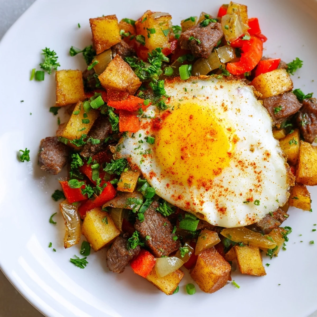 Un plat complet de Beef Breakfast Hash avec des œufs au plat et des oignons verts.
