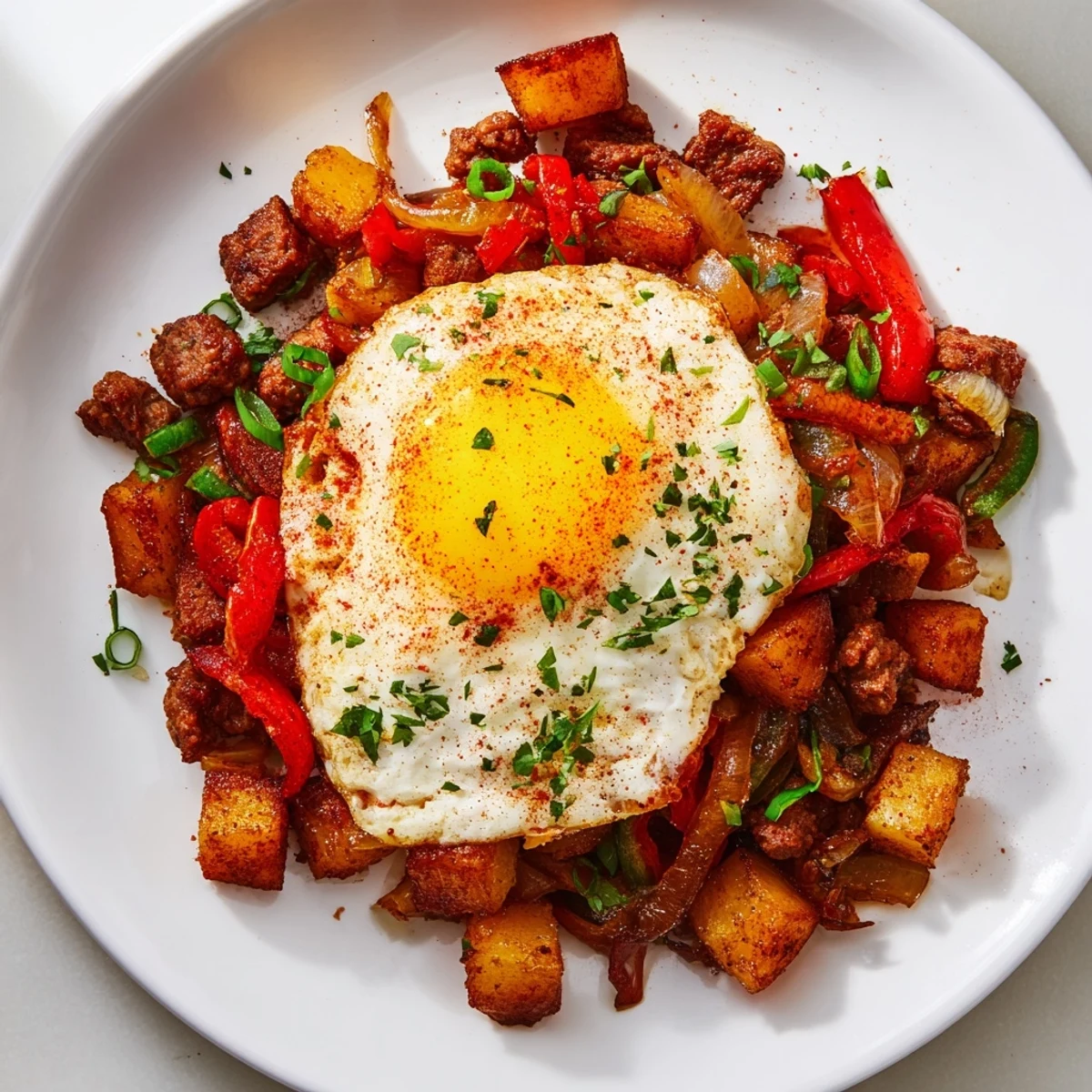 Appétissante garniture de Beef Breakfast Hash, avec des pommes de terre dorées et du persil frais.