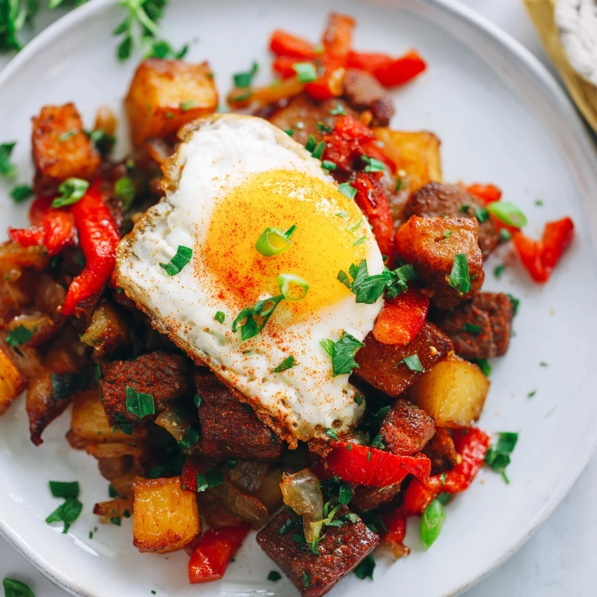 Copieux Beef Breakfast Hash fumant dans une poêle, parfait pour un dimanche matin.
