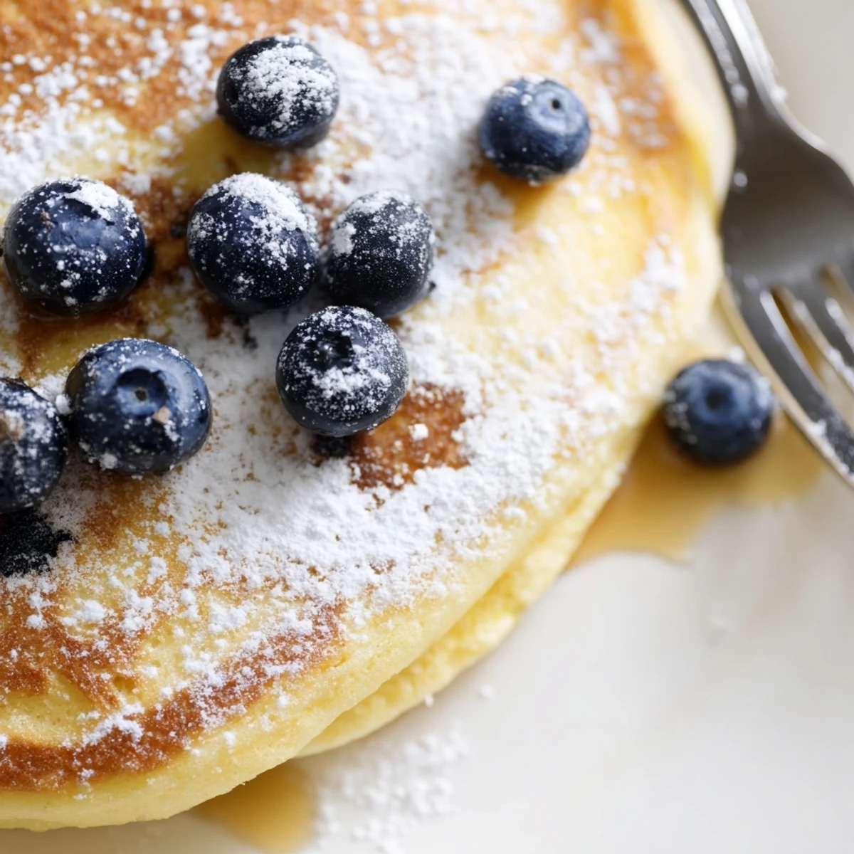 Fluffy Lemon Breakfast Pancake stack topped with fresh berries, maple syrup, and lemon zest on a rustic wooden table.