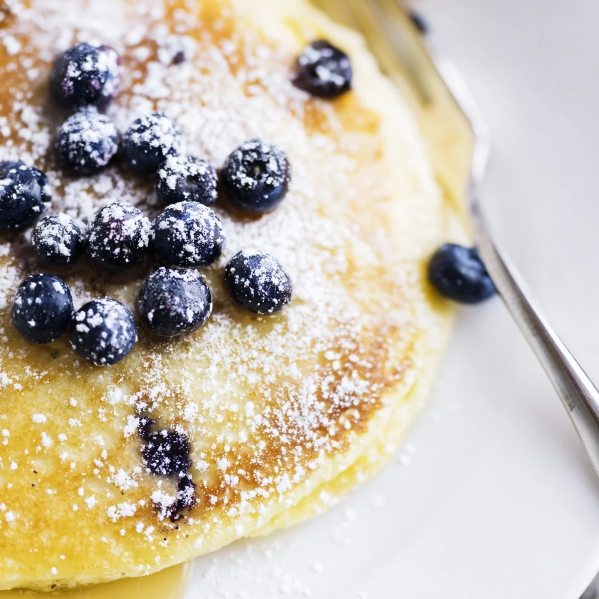 Plated Lemon Breakfast Pancake dusted with powdered sugar alongside a glass of orange juice for morning brunch.