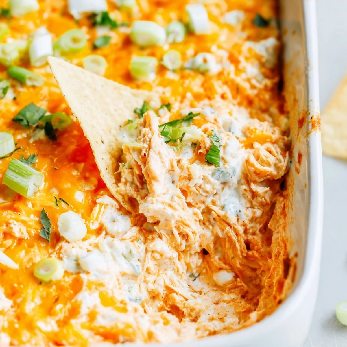 Fumante Spicy Buffalo Chicken Dip au dessus de tortilla chips dorées, garnie d'oignons verts et de persil frais.