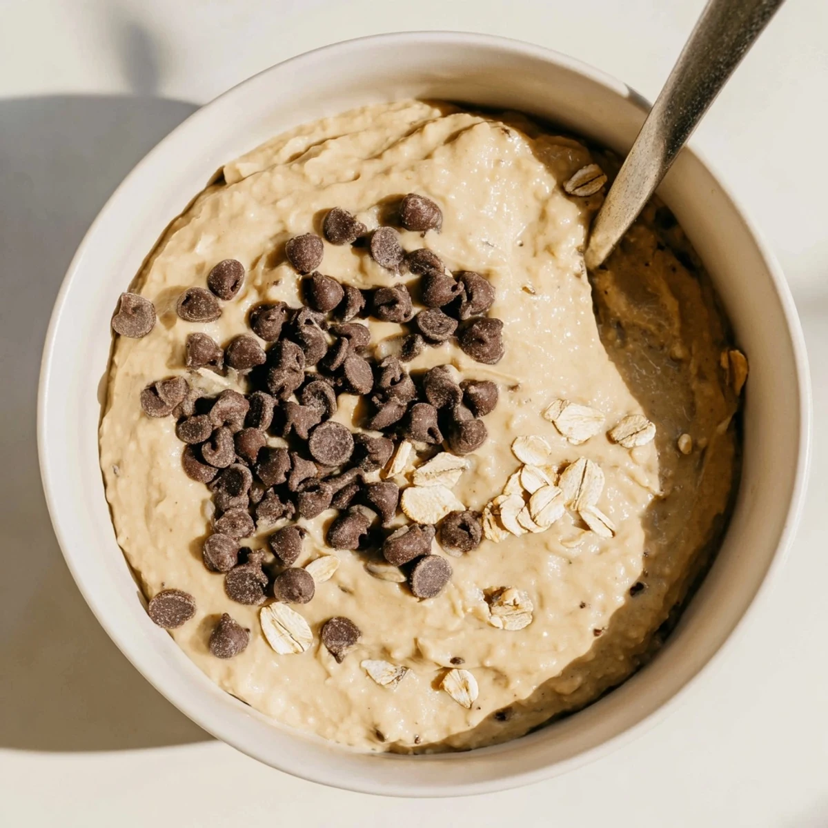Une cuillère de trempette Chocolate Chip Cookie Dough Hummus riche en protéines, garnie de pépites de chocolat.