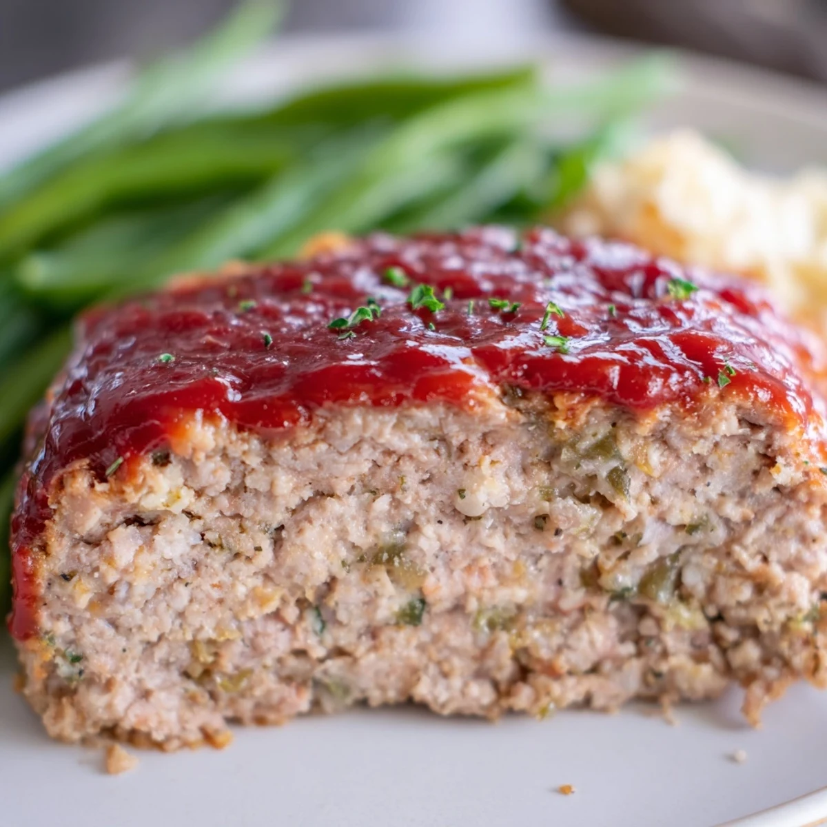 Une tranche de Turkey Meatloaf with Glaze and Green Beans au four, nappée d'un glaçage brillant, accompagnée de haricots verts sautés à l'ail et citron.
