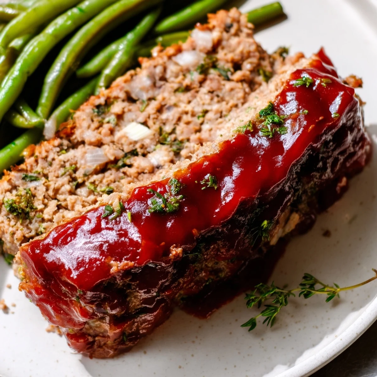 Morceaux de dinde fondante de Turkey Meatloaf with Glaze and Green Beans en sauce sucrée et salée, posés sur un plat en céramique avec haricots verts croquants à côté.