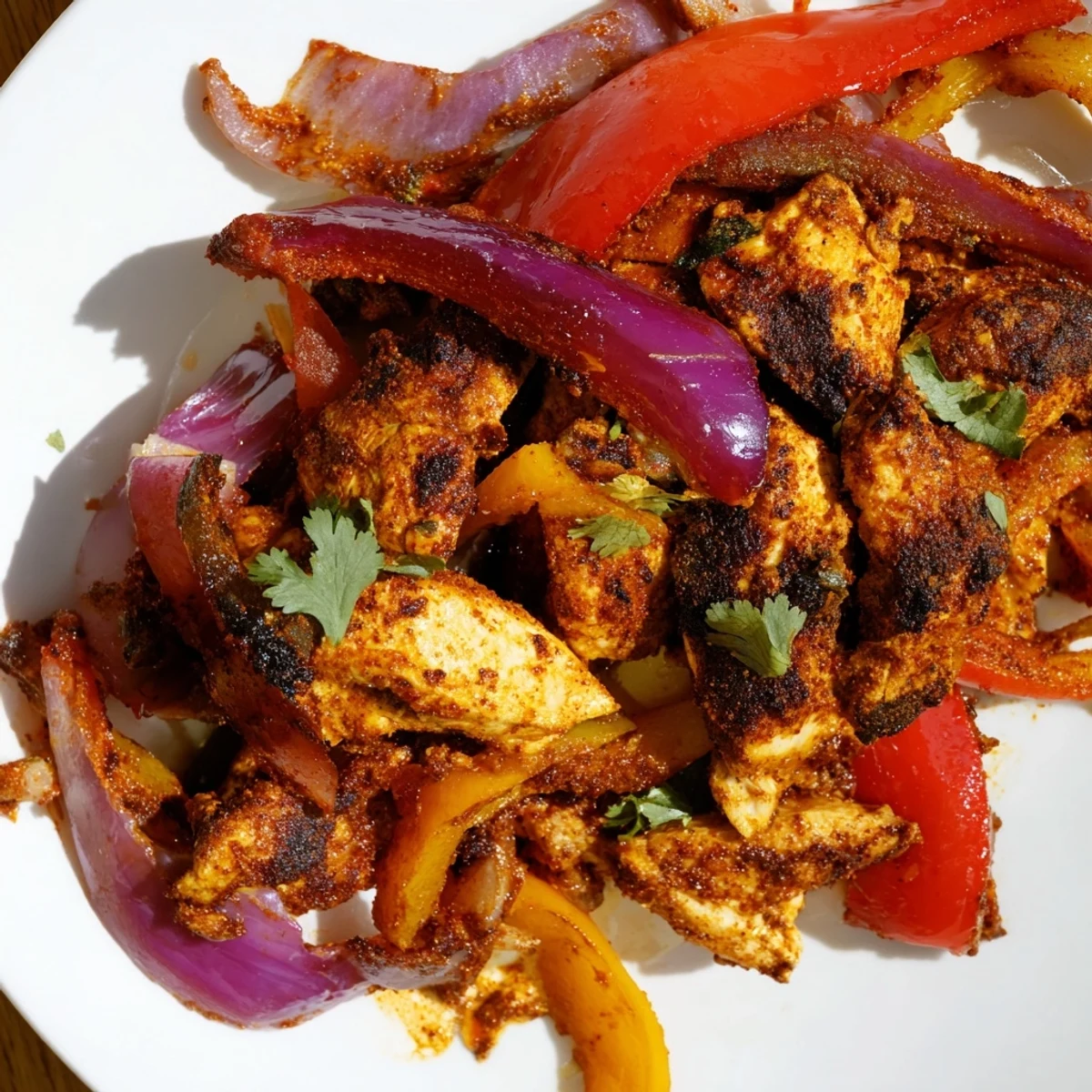 Feuille de poulet fajitas garnie de poivrons grillés, oignons et coriandre, prête à être servie avec des tortillas.