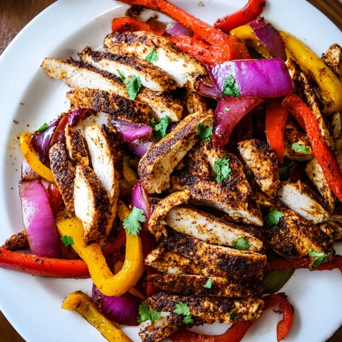 Savoureux fajitas de poulet sur une plaque, avec légumes caramélisés, jus de lime et garniture de coriandre fraîche.
