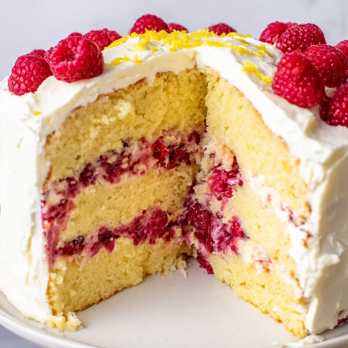 Tranches nettes de gâteau, garniture framboise et crème au fromage citronnée pour Lemon Raspberry Layer Cake with Frosting