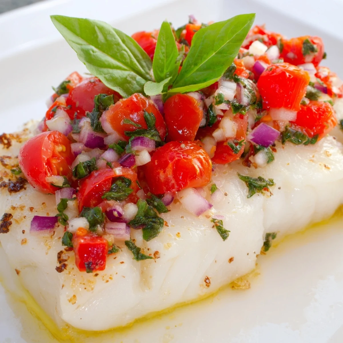 Baked Halibut with Tomato and Basil Relish plated with a fork, perfect for an elegant Mediterranean dinner.