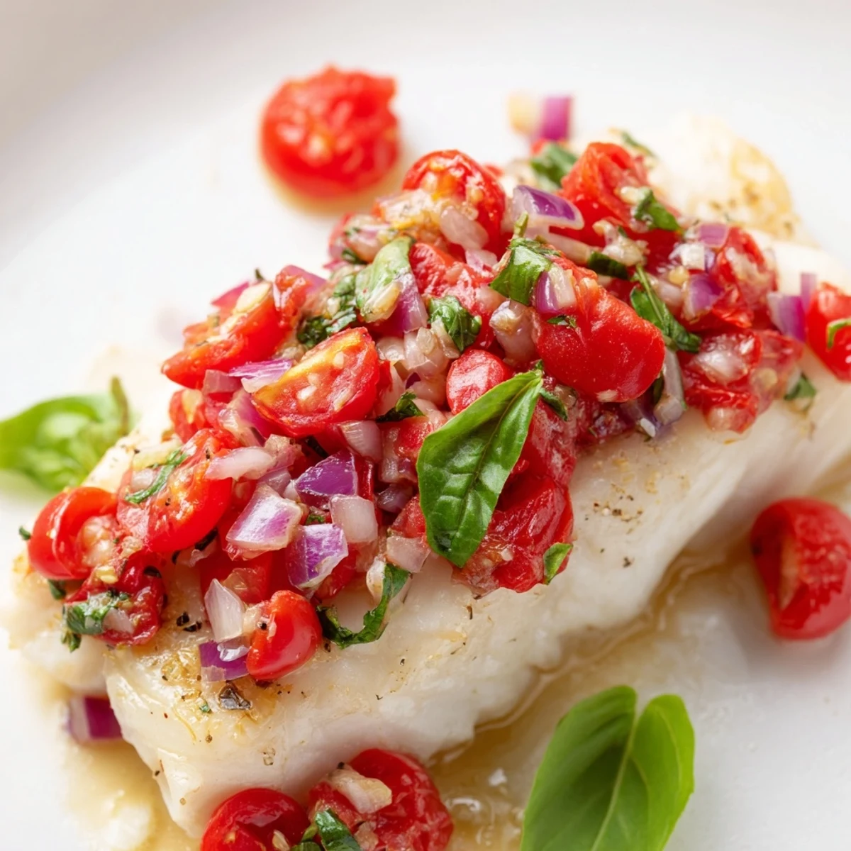 A close-up of Baked Halibut with Tomato and Basil Relish, lemon slices and vibrant cherry tomatoes.