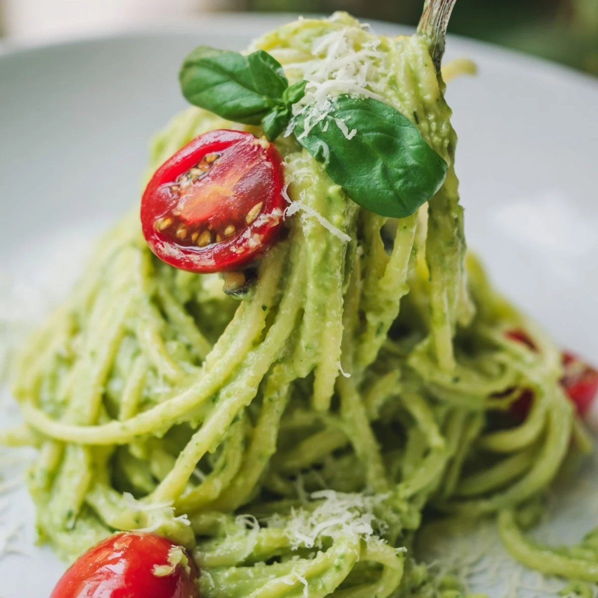 Creamy Avocado Lime Pasta with Cherry Tomatoes served warm with fresh basil garnish and grated Parmesan.