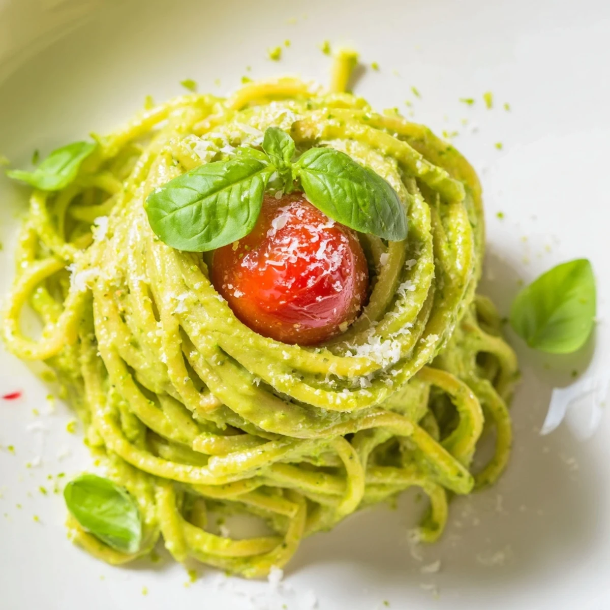 Twirled on a fork, Creamy Avocado Lime Pasta with Cherry Tomatoes shows vibrant colors and creamy texture.