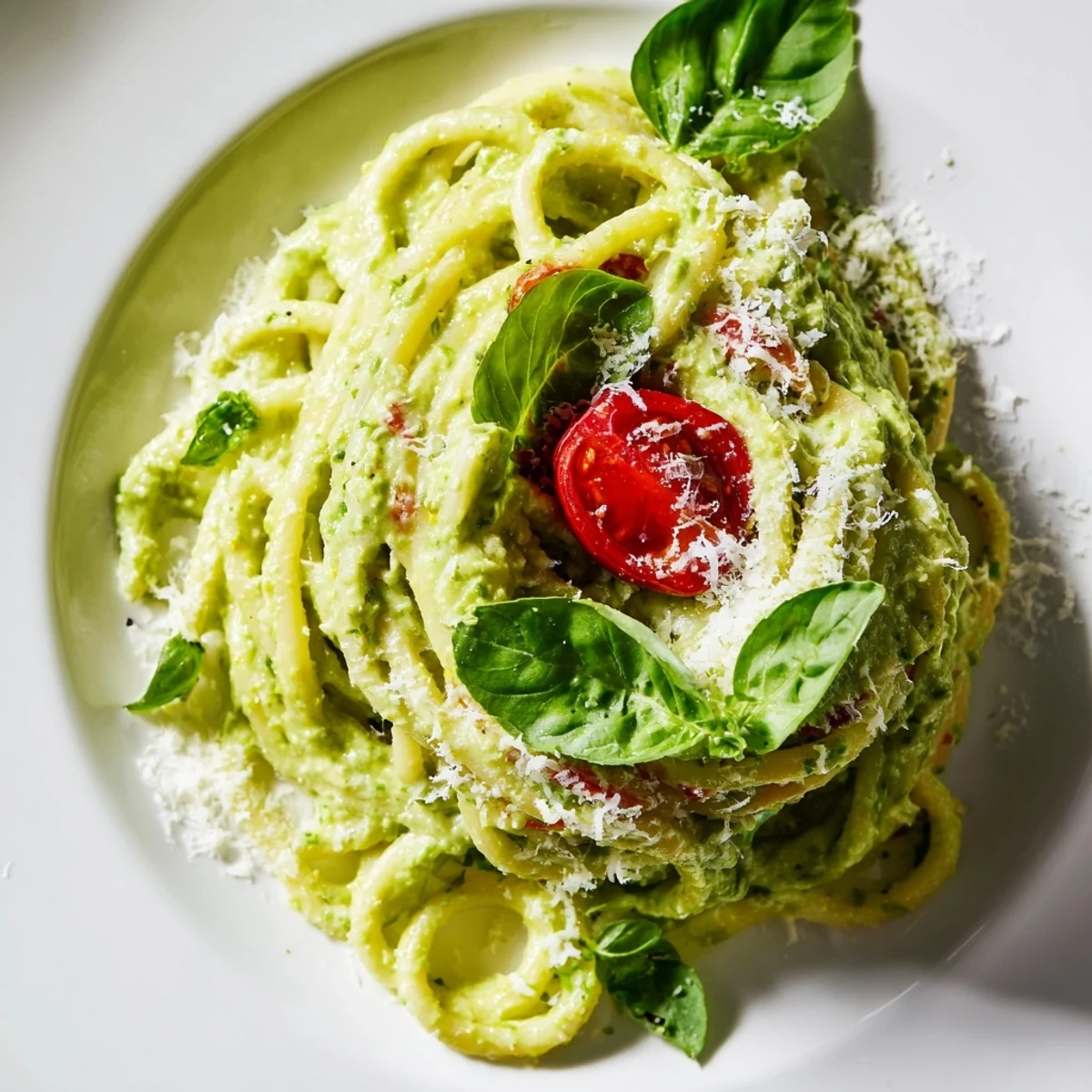 Bright green avocado sauce coats spaghetti noodles with halved cherry tomatoes for a fresh vegetarian dinner.